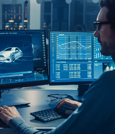 Automotive Ingenieur arbeitet mit CAD Software; umsetzung Mobility Concepts