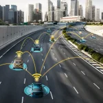 Autonomes Auto, Fahrzeuge auf Straße agieren durch ADAS miteinander