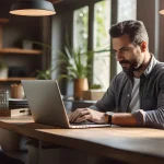 Digital marketing professional working on his laptop in his home office.