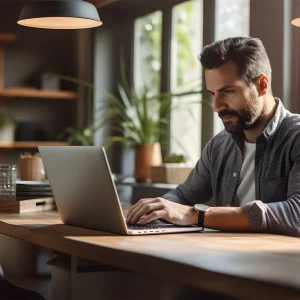 Digital marketing professional working on his laptop in his home office.