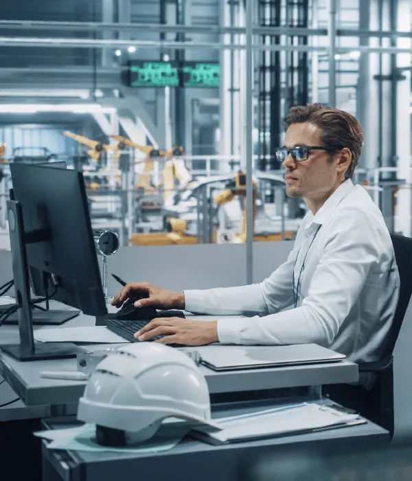Focused engineer in a white shirt and glasses working on a computer in an industrial setting, possibly analyzing data related to vehicle aerodynamics, with robotic arms and manufacturing equipment visible in the background, indicative of a high-tech automotive development facility.