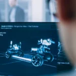 Ein Ingenieur arbeitet an der 3D-Simulation eines elektrischen Antriebssystems, um die Konzeptrealisierung voranzutreiben. Dabei werden technische Konzepte in konkrete, marktreife Produkte überführt. An engineer is working on a 3D simulation of an electric drivetrain system to advance concept realization, turning technical concepts into market-ready products.