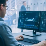 Ein Ingenieur nutzt eine Computersimulation, um ein Fahrzeugchassis im Detail zu analysieren. Dies ist Teil des Concept Consultings, bei dem technische Konzepte und Entwürfe bewertet und optimiert werden. Im Hintergrund ist ein weiterer Ingenieur zu sehen, der durch das Büro geht. Das Bild veranschaulicht den Beratungsprozess im Rahmen der Konzeptentwicklung. An engineer uses computer simulation to analyze a vehicle chassis in detail. This is part of concept consulting, where technical concepts and designs are evaluated and optimized. In the background, another engineer walks through the office. The image illustrates the consulting process within concept development.