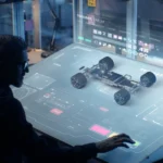 Ein Ingenieur arbeitet an einem holografischen Fahrzeugmodell, das das Ergebnis eines Konzept-Workshops ist. In diesem Workshop wurden technische Konzepte entwickelt und in ein detailliertes Modell umgesetzt. An engineer works on a holographic vehicle model, which is the result of a concept workshop. During the workshop, technical concepts were developed and translated into a detailed model.