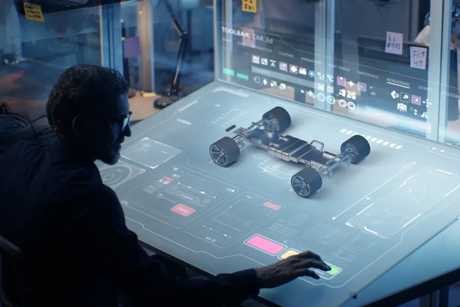 Ein Ingenieur arbeitet an einem holografischen Fahrzeugmodell, das das Ergebnis eines Konzept-Workshops ist. In diesem Workshop wurden technische Konzepte entwickelt und in ein detailliertes Modell umgesetzt. An engineer works on a holographic vehicle model, which is the result of a concept workshop. During the workshop, technical concepts were developed and translated into a detailed model.