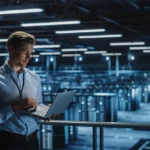 Ein IT-Spezialist steht mit einem Laptop in einem großen Serverraum und überprüft Daten. Das Bild zeigt die technische Umgebung im Zusammenhang mit PSS-Architektur. An IT specialist stands with a laptop in a large server room, monitoring data. The image illustrates the technical environment related to PSS architecture.