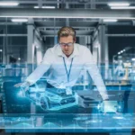 Ein Ingenieur arbeitet an einem holografischen Display, das ein Fahrzeugmodell und technische Daten darstellt. Mithilfe von Value Engineering optimiert er das Fahrzeugdesign, indem er Kosten reduziert und die Leistung verbessert, um effizientere Ergebnisse in der Fahrzeugentwicklung zu erzielen. An engineer works on a holographic display showing a vehicle model and technical data. Through value engineering, he optimizes the vehicle design by reducing costs and improving performance, achieving more efficient results in vehicle development.