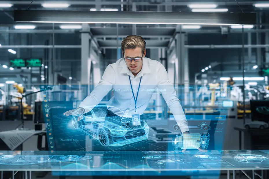 Ein Ingenieur arbeitet an einem holografischen Display, das ein Fahrzeugmodell und technische Daten darstellt. Mithilfe von Value Engineering optimiert er das Fahrzeugdesign, indem er Kosten reduziert und die Leistung verbessert, um effizientere Ergebnisse in der Fahrzeugentwicklung zu erzielen. An engineer works on a holographic display showing a vehicle model and technical data. Through value engineering, he optimizes the vehicle design by reducing costs and improving performance, achieving more efficient results in vehicle development.