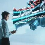 Ingenieur analysiert ein großes, detailliertes 3D-Modell eines technischen Bauteils auf einem Bildschirm, das den physischer Modellbau in der Entwicklungsphase symbolisiert. Engineer analyzes a large, detailed 3D model of a technical component on a screen, symbolizing physical model building in the development phase.