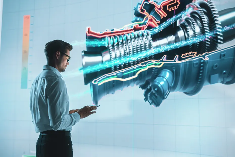 Ingenieur analysiert ein großes, detailliertes 3D-Modell eines technischen Bauteils auf einem Bildschirm, das den physischer Modellbau in der Entwicklungsphase symbolisiert. Engineer analyzes a large, detailed 3D model of a technical component on a screen, symbolizing physical model building in the development phase.