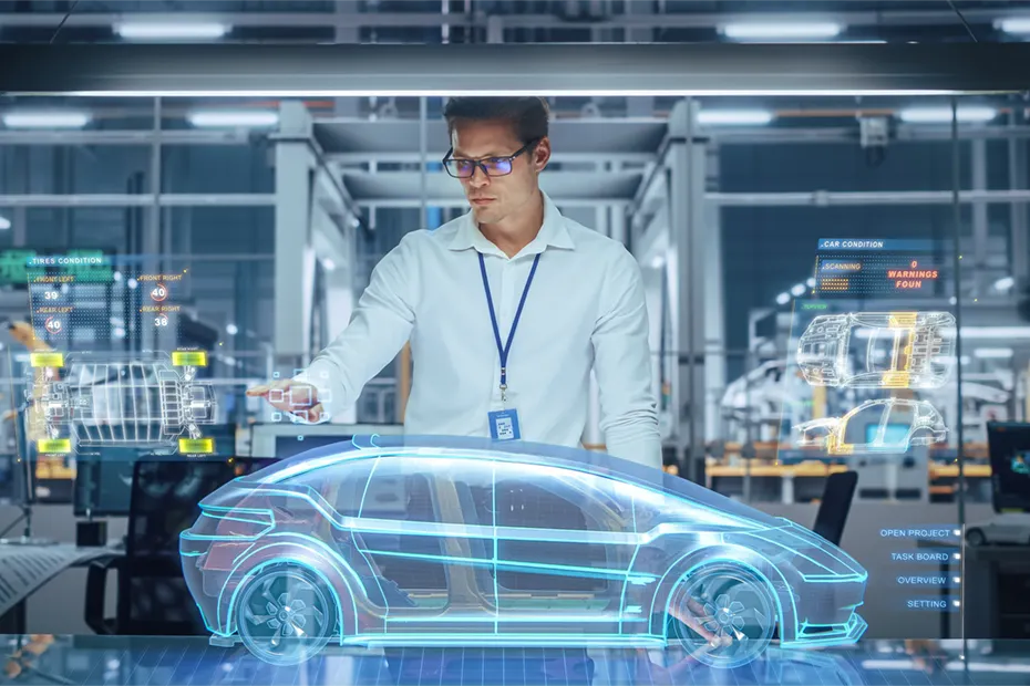 Ein Ingenieur führt einen Funktionalitätstest an einem holographischen Fahrzeugmodell durch. Verschiedene technische Daten wie Bremsstatus und Radkonditionen werden auf virtuellen Bildschirmen angezeigt, während das digitale Fahrzeugmodell eine detaillierte Analyse der Fahrzeugkomponenten ermöglicht. Das Bild illustriert den Prozess der Produktprüfung und Funktionalitätstests im Entwicklungsstadium. An engineer conducts a functionality test on a holographic vehicle model. Various technical data such as brake status and wheel conditions are displayed on virtual screens, while the digital vehicle model allows for a detailed analysis of the vehicle components. The image illustrates the process of product testing and functionality testing during the development stage.