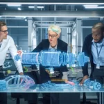 Drei Ingenieure analysieren eine holografische Darstellung von Fahrzeugkomponenten auf einem digitalen Tisch. Der Fokus liegt auf der Durchführung von Produksprüfungen, um die Funktionalität und Sicherheit der Bauteile zu überprüfen. Three engineers analyze a holographic display of vehicle components on a digital table. The focus is on conducting product testing to assess the functionality and safety of the parts.