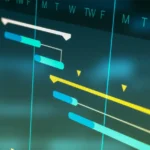 Ein Gantt-Diagramm zeigt einen detaillierten Zeitplan mit farblich markierten Aufgaben und Meilensteinen. Dieses Diagramm verdeutlicht die Realisierungsplanung und den Programmplan, um Projekte effizient zu steuern und zu organisieren. A Gantt chart displays a detailed schedule with color-coded tasks and milestones. This chart illustrates the implementation planning and program plan to efficiently manage and organize projects.