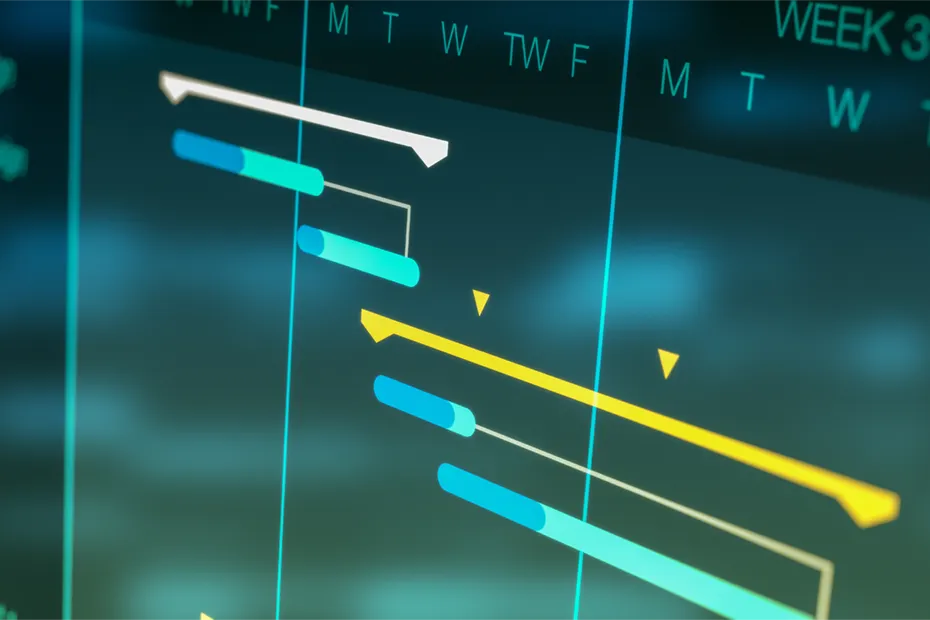 Ein Gantt-Diagramm zeigt einen detaillierten Zeitplan mit farblich markierten Aufgaben und Meilensteinen. Dieses Diagramm verdeutlicht die Realisierungsplanung und den Programmplan, um Projekte effizient zu steuern und zu organisieren. A Gantt chart displays a detailed schedule with color-coded tasks and milestones. This chart illustrates the implementation planning and program plan to efficiently manage and organize projects.