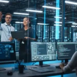 n einem modernen Datenzentrum besprechen zwei Mitarbeitende, einer mit Laptop, die Realisierungsplanung und den Organisation- sowie Infrastrukturplan. Im Vordergrund arbeitet eine weitere Person an einem Computer mit mehreren Bildschirmen, die technische Daten und Systeminformationen anzeigen. In a modern data center, two employees, one holding a laptop, discuss the implementation planning and the organization and infrastructure plan. In the foreground, another person is working at a computer with multiple screens displaying technical data and system information.