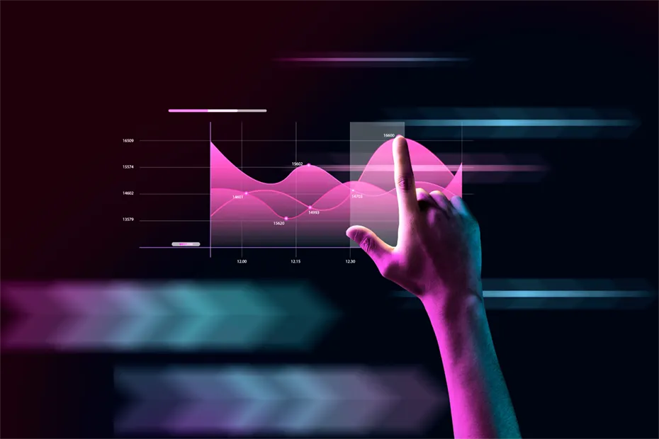 Eine Hand zeigt auf ein interaktives Diagramm mit geschwungenen Linien, das Technologiedaten darstellt. Das Bild symbolisiert die Systemprüfung und die Technologiebewertung in einem digitalen Kontext. A hand points to an interactive chart with curved lines displaying technology data. The image represents system testing and technology assessment in a digital context.