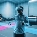 Ein Ingenieur trägt ein Virtual-Reality-Headset und hält VR-Controller, während er in einer virtuellen Umgebung arbeitet. Das Bild zeigt die Anwendung von digitaler Prototypenerstellung und Systemprüfung durch VR-Technologie. An engineer wears a virtual reality headset and holds VR controllers while working in a virtual environment. The image depicts the use of digital prototyping and system testing through VR technology.