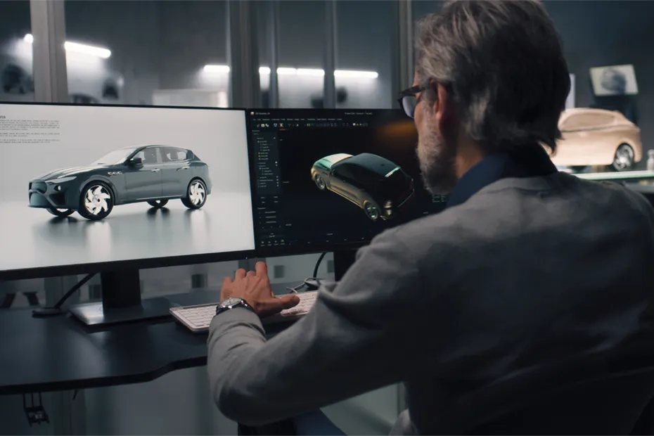 Ein Designer arbeitet an zwei Bildschirmen an der digitalen Modellierung eines Autos, um die Grundlage für die spätere physische Modellherstellung zu schaffen. Der Prozess verbindet digitale Entwürfe mit physischem Modellbau für die Fahrzeugentwicklung. Englisch: A designer works on two screens, digitally modeling a car to lay the foundation for later physical model build. The process combines digital design with physical model production in vehicle development.