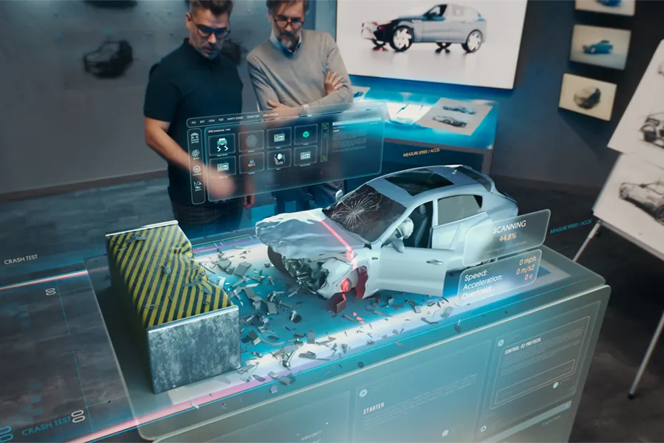 Zwei Ingenieure überwachen eine holographische Darstellung eines Autounfallszenarios, das im Rahmen eines Sicherheitstests durchgeführt wird. Das digitale Modell zeigt ein Auto, das bei einem Crash-Test verformt wurde, während Daten wie Geschwindigkeit und Beschleunigung auf dem Bildschirm angezeigt werden. Das Bild verdeutlicht den Prozess der Produktprüfung und Sicherheitsbewertung. Two engineers are observing a holographic representation of a car crash scenario conducted as part of a safety test. The digital model shows a car deformed in a crash test, with data such as speed and acceleration displayed on the screen. This image illustrates the process of product testing and safety assessment.