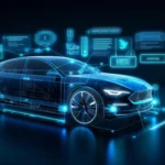 Ein digitales 3D-Modell eines Autos zeigt verschiedene Komponenten und Datenpunkte zur Analyse. Im Rahmen der PSS-Definition werden die Fahrzeugdaten genutzt, um eine präzise Überprüfung der Produktvision durchzuführen und sicherzustellen, dass das Konzept den angestrebten Zielen entspricht. A digital 3D model of a car displays various components and data points for analysis. As part of the PSS definition, vehicle data is used to accurately review the product vision, ensuring the concept aligns with the intended goals.
