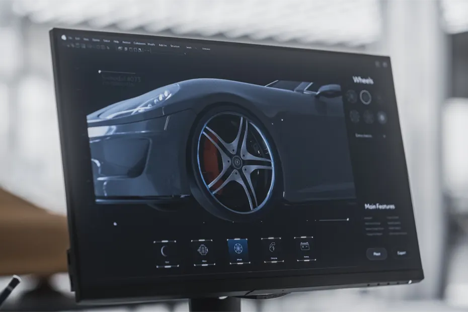 Ein Computermonitor zeigt ein 3D-Rendering eines Fahrzeugprototyps, bei dem insbesondere das Rad hervorgehoben wird. Die Software visualisiert verschiedene Materialien und Funktionen im Rahmen der Produktprüfung und der Simulation von Prototyp-Materialien. Das Bild illustriert den Einsatz digitaler Tools zur Analyse und Bewertung von Fahrzeugprototypen und ihren Komponenten. A computer monitor displays a 3D rendering of a vehicle prototype, with a focus on the wheel. The software visualizes different materials and features as part of product testing and prototype materials simulations. The image illustrates the use of digital tools to analyze and evaluate vehicle prototypes and their components.