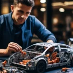 Ein Ingenieur arbeitet an einem detaillierten physischen Modell eines Autos, um die mechanischen Komponenten und Strukturen zu testen. Der physische Modellbau spielt eine wichtige Rolle in der Fahrzeugentwicklung, um Konzepte in greifbare Prototypen zu überführen. An engineer works on a detailed physical model of a car to test mechanical components and structures. Physical model build is crucial in vehicle development, translating concepts into tangible prototypes.