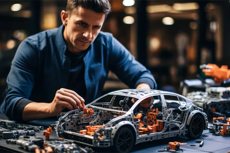 Ein Ingenieur arbeitet an einem detaillierten physischen Modell eines Autos, um die mechanischen Komponenten und Strukturen zu testen. Der physische Modellbau spielt eine wichtige Rolle in der Fahrzeugentwicklung, um Konzepte in greifbare Prototypen zu überführen. An engineer works on a detailed physical model of a car to test mechanical components and structures. Physical model build is crucial in vehicle development, translating concepts into tangible prototypes.