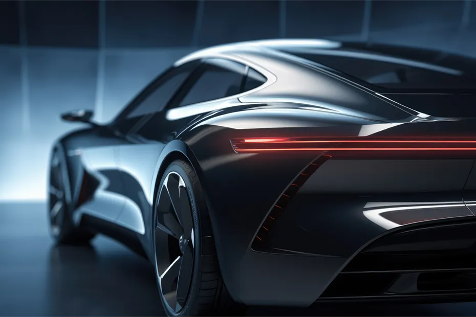 Ein hochdetailliertes Rendering eines futuristischen Sportwagens aus der Rückansicht. In dieser Phase des Stylings und der Visualisierung werden die äußeren Designelemente des Fahrzeugs, wie die geschwungenen Linien und die Beleuchtung, präzise dargestellt, um das finale Aussehen des Fahrzeugs zu verfeinern. A highly detailed rendering of a futuristic sports car viewed from the rear. At this stage of styling and visualization, the exterior design elements of the vehicle, such as its sleek lines and lighting, are precisely showcased to refine the vehicle's final appearance.