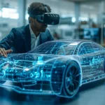 Ein Mann mit einer VR-Brille arbeitet an einem digitalen 3D-Modell eines Autos. Das Bild zeigt den Einsatz von Digital Styling und Visualisierungstechniken, um die Gestaltung eines Fahrzeugs in einer virtuellen Umgebung zu prüfen und zu verfeinern. A man wearing a VR headset works on a digital 3D model of a car. The image showcases the use of digital styling and visualization techniques to review and refine the design of a vehicle in a virtual environment.