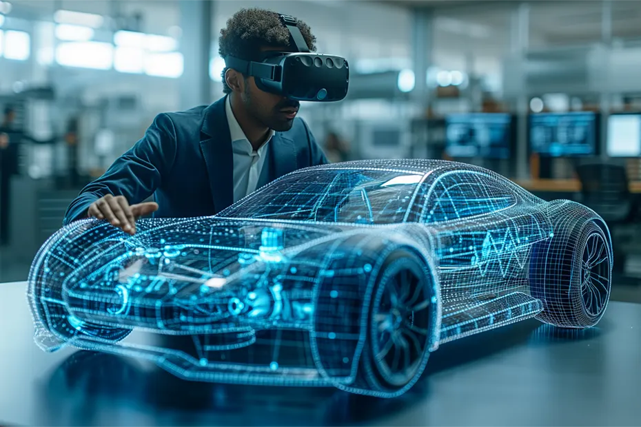 Ein Mann mit einer VR-Brille arbeitet an einem digitalen 3D-Modell eines Autos. Das Bild zeigt den Einsatz von Digital Styling und Visualisierungstechniken, um die Gestaltung eines Fahrzeugs in einer virtuellen Umgebung zu prüfen und zu verfeinern. A man wearing a VR headset works on a digital 3D model of a car. The image showcases the use of digital styling and visualization techniques to review and refine the design of a vehicle in a virtual environment.