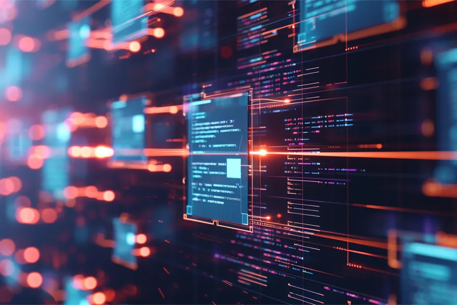 Eine abstrakte Darstellung von Datenflüssen und Code-Elementen, die als Ergebnis eines Konzept-Workshops zur Entwicklung digitaler Lösungen entstanden sein könnte. In diesem Workshop wurden Konzepte zur Datenverarbeitung und Softwarearchitektur entwickelt. An abstract visualization of data flows and code elements, potentially the result of a concept workshop focused on developing digital solutions. In this workshop, concepts for data processing and software architecture were created.