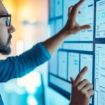 Ein Mann arbeitet an einem großen Touchscreen mit verschiedenen Diagrammen und Interface-Designs. Dabei geht es um Beratung in der Konzeptphase, insbesondere zu Usability Design und Service Design, um benutzerfreundliche und effektive Lösungen zu entwickeln. A man works on a large touchscreen displaying various diagrams and interface designs. This represents consultation during the concept phase, particularly in usability design and service design, to develop user-friendly and effective solutions.