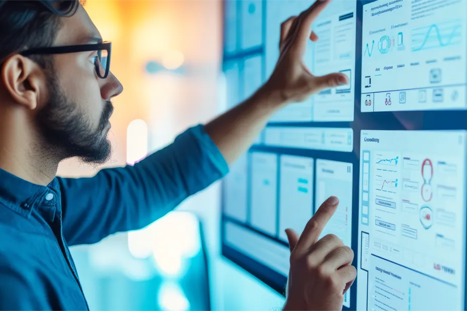 Ein Mann arbeitet an einem großen Touchscreen mit verschiedenen Diagrammen und Interface-Designs. Dabei geht es um Beratung in der Konzeptphase, insbesondere zu Usability Design und Service Design, um benutzerfreundliche und effektive Lösungen zu entwickeln. A man works on a large touchscreen displaying various diagrams and interface designs. This represents consultation during the concept phase, particularly in usability design and service design, to develop user-friendly and effective solutions.