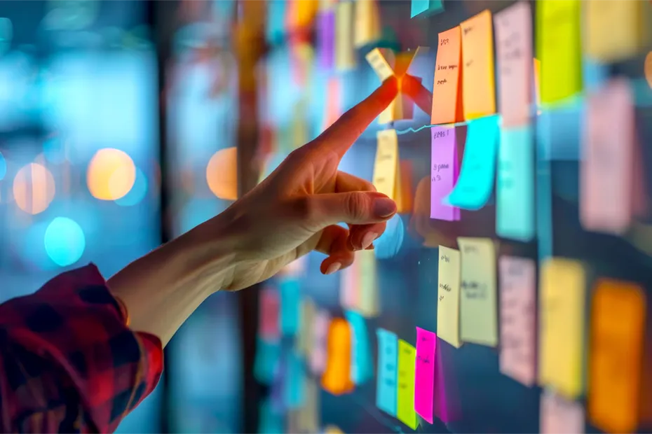 Eine Hand zeigt auf eine Glaswand, die mit bunten Haftnotizen bedeckt ist. Dieses Bild symbolisiert das Consulting in der Konzeptphase, bei dem Ideen und Strategien strukturiert und organisiert werden. A hand points to a glass wall covered with colorful sticky notes. This image symbolizes consulting in the concept phase, where ideas and strategies are structured and organized.
