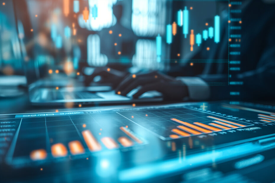 Auf einem Bildschirm sind Balkendiagramme und digitale Analysen zu sehen, während im Hintergrund eine Person auf einem Laptop arbeitet. Die dargestellten Daten und Visualisierungen stehen im Zusammenhang mit der PSS-Planung und strategischen Datenanalyse. Bar charts and digital analytics are displayed on a screen, while in the background a person works on a laptop. The visualized data and analytics are related to PSS planning and strategic data analysis.