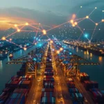 Ein weitläufiger Hafen mit Containern und Kränen bei Sonnenuntergang, über dem digitale Netzwerke und Verbindungen dargestellt sind. Das Bild verdeutlicht in der Realisierungsplanung, den Aufbau der Lieferkette sowie die Implementierung eines Resilienzplans, um die Stabilität und Effizienz der Lieferketten zu gewährleisten. A vast port with containers and cranes at sunset, with digital networks and connections visualized above. The image illustrates the development of the supply chain, and the execution of a resilience plan in the implementation planning to ensure the stability and efficiency of supply chains.