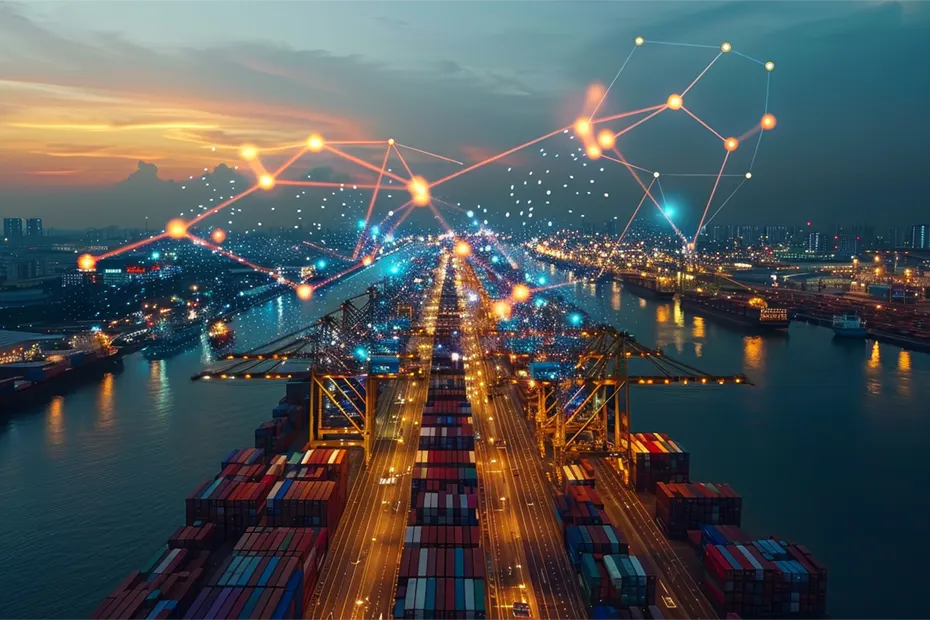 Ein weitläufiger Hafen mit Containern und Kränen bei Sonnenuntergang, über dem digitale Netzwerke und Verbindungen dargestellt sind. Das Bild verdeutlicht in der Realisierungsplanung, den Aufbau der Lieferkette sowie die Implementierung eines Resilienzplans, um die Stabilität und Effizienz der Lieferketten zu gewährleisten. A vast port with containers and cranes at sunset, with digital networks and connections visualized above. The image illustrates the development of the supply chain, and the execution of a resilience plan in the implementation planning to ensure the stability and efficiency of supply chains.