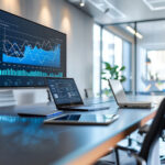 Ein Konferenzraum mit modernen Möbeln, in dem auf einem großen Bildschirm komplexe Diagramme und Daten angezeigt werden. Auf dem Tisch stehen Laptops und Tablets mit zusätzlichen Informationen zur PSS Planung und zum Finanzplan. A conference room with modern furniture, featuring a large screen displaying complex charts and data. Laptops and tablets on the table show additional information related to PSS planning and the financial plan.