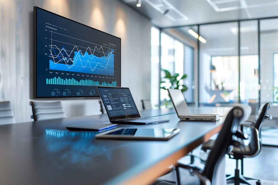 Ein Konferenzraum mit modernen Möbeln, in dem auf einem großen Bildschirm komplexe Diagramme und Daten angezeigt werden. Auf dem Tisch stehen Laptops und Tablets mit zusätzlichen Informationen zur PSS Planung und zum Finanzplan. A conference room with modern furniture, featuring a large screen displaying complex charts and data. Laptops and tablets on the table show additional information related to PSS planning and the financial plan.