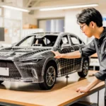 Ein Ingenieur überprüft ein physisches Automodell mit einer digitalen Drahtgitterüberlagerung, die das Fahrzeugdesign darstellt. Das Bild symbolisiert die Systemprüfung und die Entwurfsvalidierung im Fahrzeugentwicklungsprozess. An engineer examines a physical car model with a digital wireframe overlay representing the vehicle design. The image symbolizes system testing and design validation in the vehicle development process.