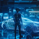 Ein Ingenieur mit einer VR-Brille betrachtet das digitale Modell eines Autos in einer hochmodernen Werkstatt. Der Prozess des physischen Modellbaus wird durch virtuelle Simulationen unterstützt, um das Design vor der Erstellung eines realen Prototyps zu optimieren. An engineer wearing a VR headset observes the digital model of a car in a high-tech workshop. The physical model build process is supported by virtual simulations to optimize the design before creating a real-life prototype.