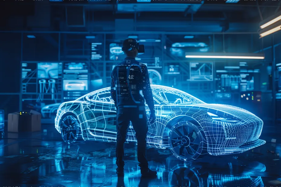 Ein Ingenieur mit einer VR-Brille betrachtet das digitale Modell eines Autos in einer hochmodernen Werkstatt. Der Prozess des physischen Modellbaus wird durch virtuelle Simulationen unterstützt, um das Design vor der Erstellung eines realen Prototyps zu optimieren. An engineer wearing a VR headset observes the digital model of a car in a high-tech workshop. The physical model build process is supported by virtual simulations to optimize the design before creating a real-life prototype.
