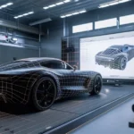 Ein Sportwagen in einer Testumgebung wird auf einem Bildschirm als digitales 3D-Modell dargestellt. Der Performance-Test wird durchgeführt, um die Leistung und Effizienz des Fahrzeugs zu bewerten. Dieses Bild zeigt den Prozess der Produktprüfung in einer hochmodernen Testeinrichtung. A sports car in a test environment is displayed as a digital 3D model on a screen. The performance test is conducted to evaluate the vehicle's performance and efficiency. This image illustrates the product testing process in a state-of-the-art testing facility.
