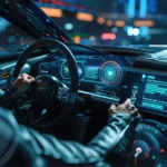 Ein Fahrer navigiert ein modernes Fahrzeug mit futuristischen digitalen Anzeigen und Benutzeroberflächen. Das Bild zeigt die Integration von Styling, Visualisierung und User Experience (UX) Design, wobei die Gestaltung der digitalen Schnittstellen im Fahrzeug eine entscheidende Rolle spielt, um eine intuitive und ansprechende Benutzererfahrung zu schaffen. A driver navigates a modern vehicle with futuristic digital displays and user interfaces. The image illustrates the integration of styling, visualization, and user experience (UX) design, where the design of digital interfaces in the vehicle plays a crucial role in creating an intuitive and engaging user experience.