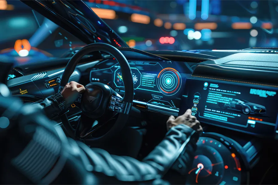 Ein Fahrer navigiert ein modernes Fahrzeug mit futuristischen digitalen Anzeigen und Benutzeroberflächen. Das Bild zeigt die Integration von Styling, Visualisierung und User Experience (UX) Design, wobei die Gestaltung der digitalen Schnittstellen im Fahrzeug eine entscheidende Rolle spielt, um eine intuitive und ansprechende Benutzererfahrung zu schaffen. A driver navigates a modern vehicle with futuristic digital displays and user interfaces. The image illustrates the integration of styling, visualization, and user experience (UX) design, where the design of digital interfaces in the vehicle plays a crucial role in creating an intuitive and engaging user experience.
