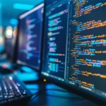 Mehrere Bildschirme zeigen farbigen Code und technische Daten in einem abgedunkelten Raum. Der Fokus liegt auf der Beratung in der Konzeptphase im Speziellen der Beratung zur Infrastruktur, um robuste und effiziente Lösungen zu entwickeln. Several screens display colorful code and technical data in a dimly lit room. The focus is on consultation during the concept phase especially infrastructure advice to develop robust and efficient solutions.