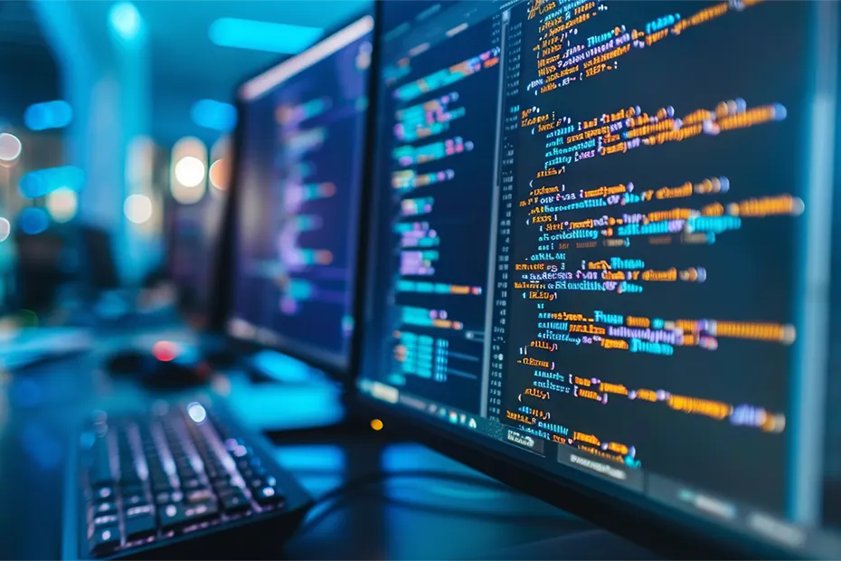 Mehrere Bildschirme zeigen farbigen Code und technische Daten in einem abgedunkelten Raum. Der Fokus liegt auf der Beratung in der Konzeptphase im Speziellen der Beratung zur Infrastruktur, um robuste und effiziente Lösungen zu entwickeln. Several screens display colorful code and technical data in a dimly lit room. The focus is on consultation during the concept phase especially infrastructure advice to develop robust and efficient solutions.