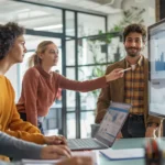 Ein Team von vier Personen bespricht an einem Bildschirm, der Diagramme und Statistiken zeigt, wichtige Daten. Das Bild veranschaulicht den Prozess der PSS-Planung in einer kollaborativen Arbeitsumgebung. A team of four people discusses key data in front of a screen displaying charts and statistics. The image illustrates the process of PSS planning in a collaborative work environment as part of the consulting in the conceptphase.
