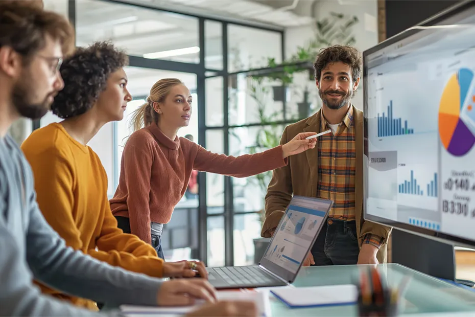 Ein Team von vier Personen bespricht an einem Bildschirm, der Diagramme und Statistiken zeigt, wichtige Daten. Das Bild veranschaulicht den Prozess der PSS-Planung in einer kollaborativen Arbeitsumgebung. A team of four people discusses key data in front of a screen displaying charts and statistics. The image illustrates the process of PSS planning in a collaborative work environment as part of the consulting in the conceptphase.