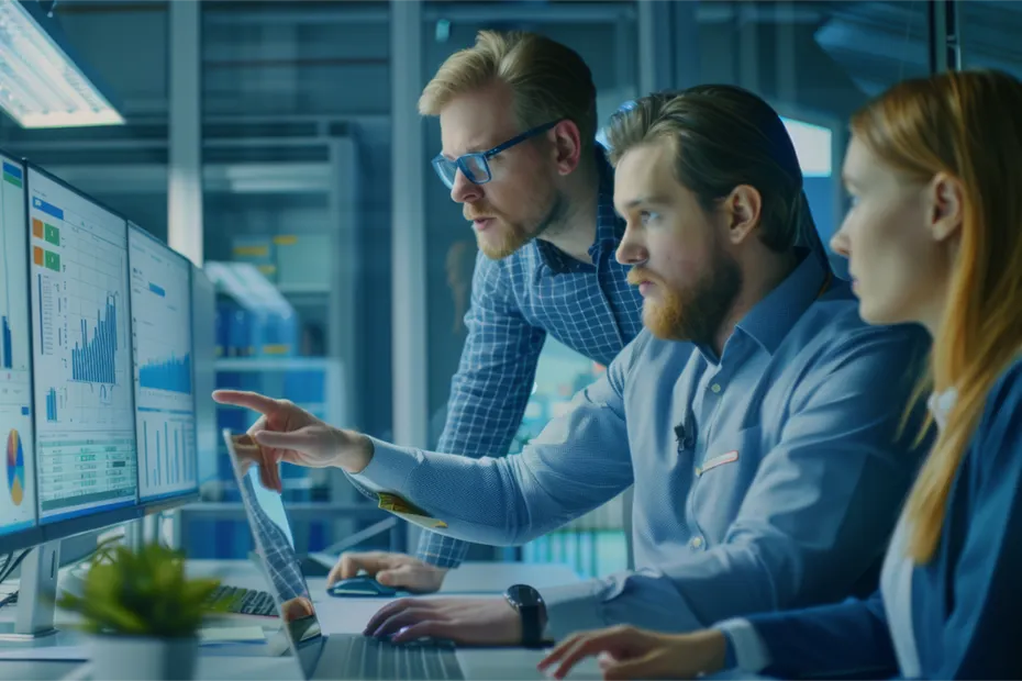 Drei Personen analysieren Diagramme und Daten auf Monitoren, um die PSS-Definition (Product-Service-System) zu erstellen. Dabei führen sie eine Marktanalyse durch und entwickeln Markt-Personas, um das System gezielt auf die Bedürfnisse der Zielgruppen auszurichten. Three people analyze charts and data on monitors to define the PSS (Product-Service-System). They conduct a market analysis and develop market personas to tailor the system to the needs of the target audience.
